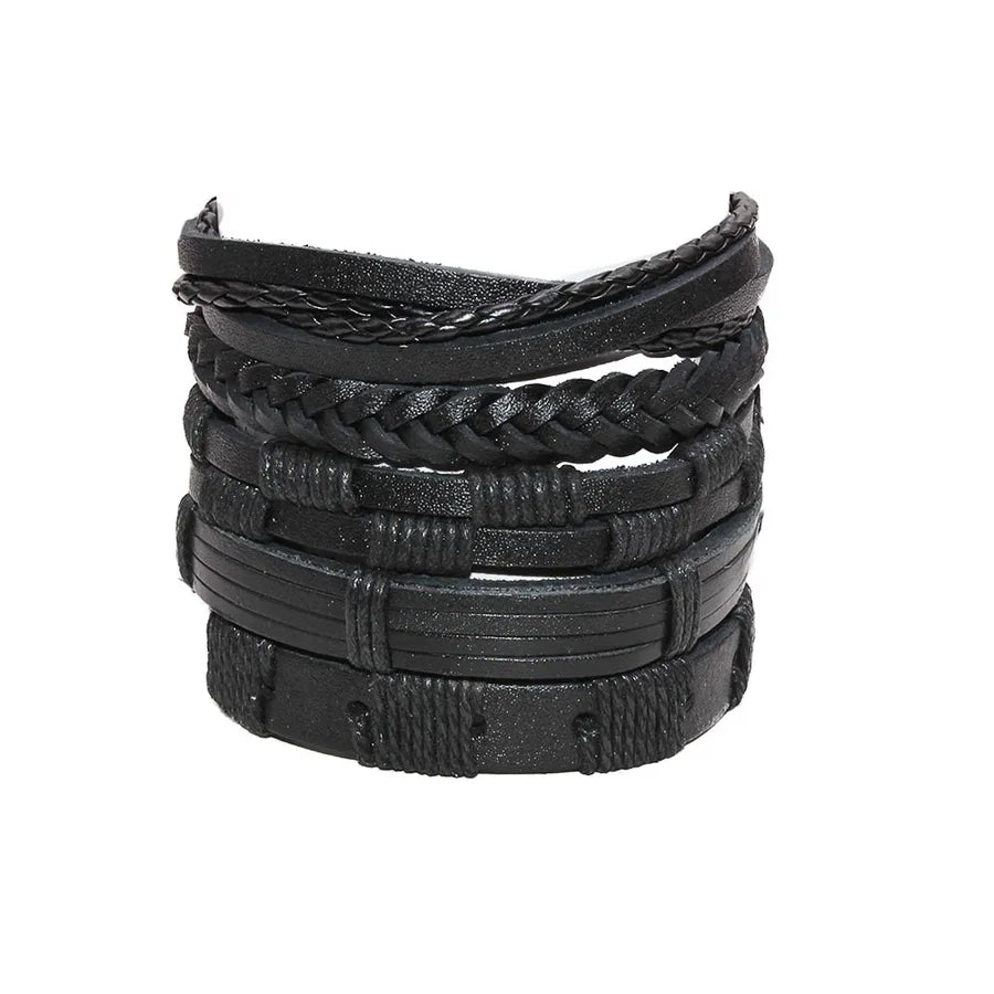hot selling vintage men's bracelet 5-piece handmade woven cowhide wax rope adjustable bracelet jewelry wholesale