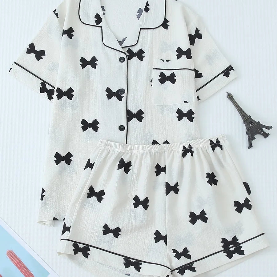 Home Women's Vacation Simple Style Bow Knot Polyester Shorts Sets Pajama Sets