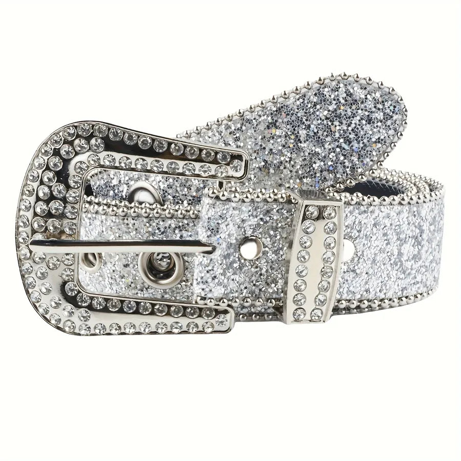 retro sweet solid color pu leather alloy diamond women's leather belts
