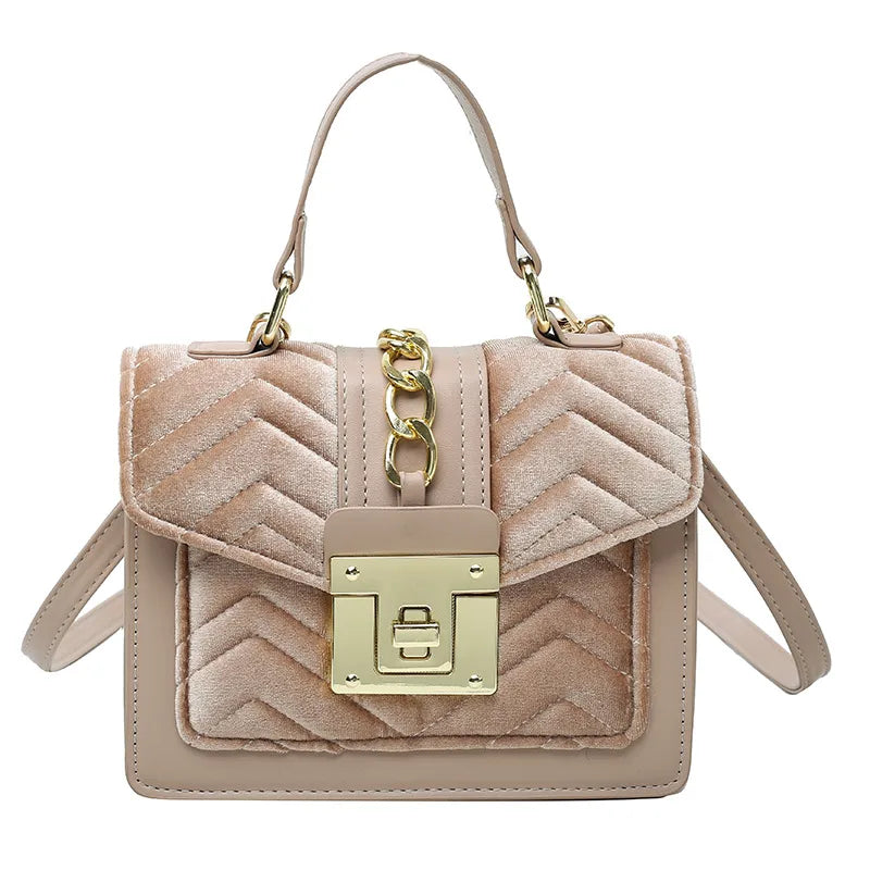 Women's Small velvet Solid Color Elegant Square Lock clasp Square Bag