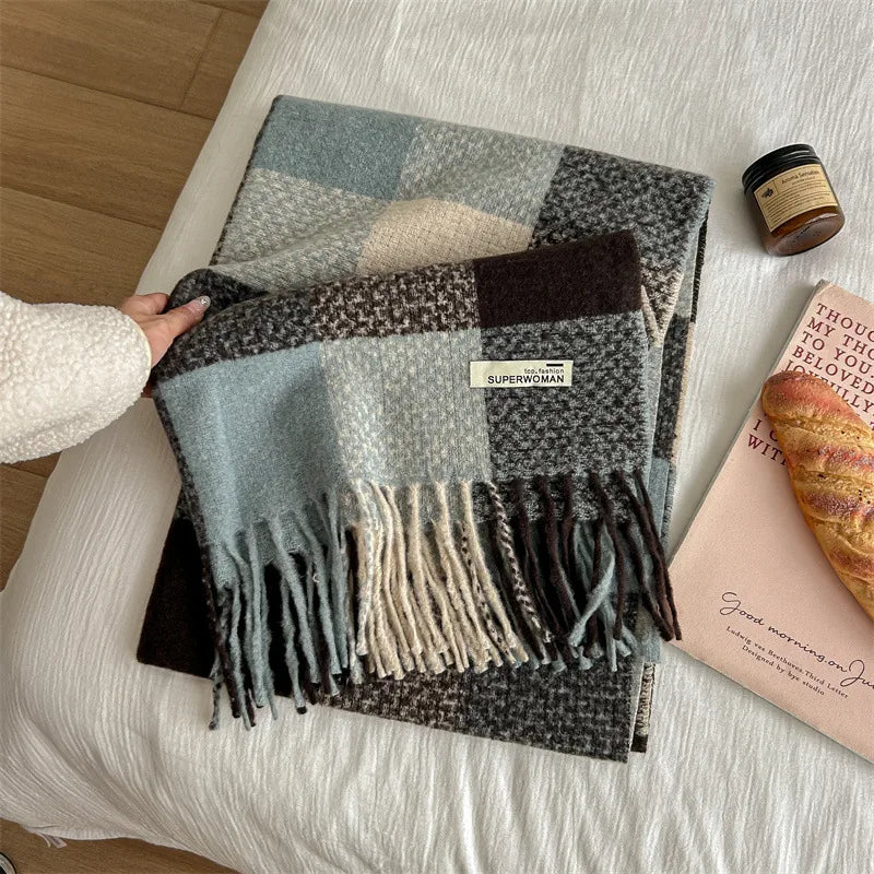 Women's Sweet Plaid Imitation cashmere Tassel Scarf