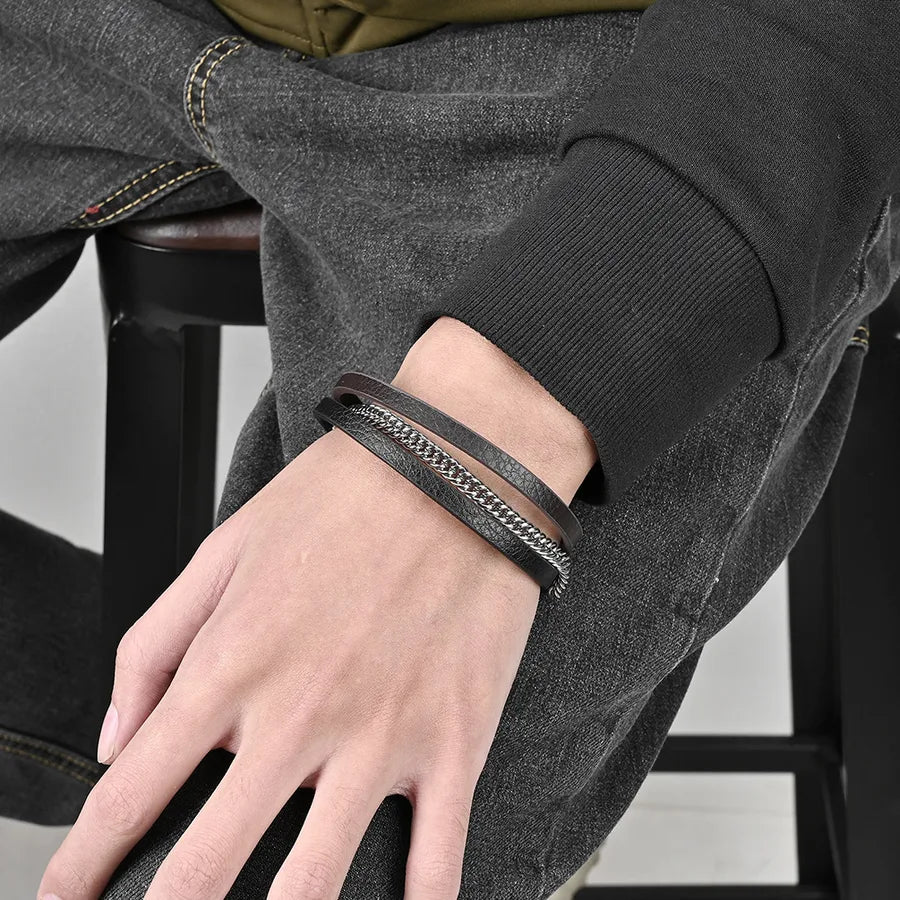 Ethnic Style Color Block Pu Leather Titanium Steel Men's Bangle Men Cord & Leather Bracelets