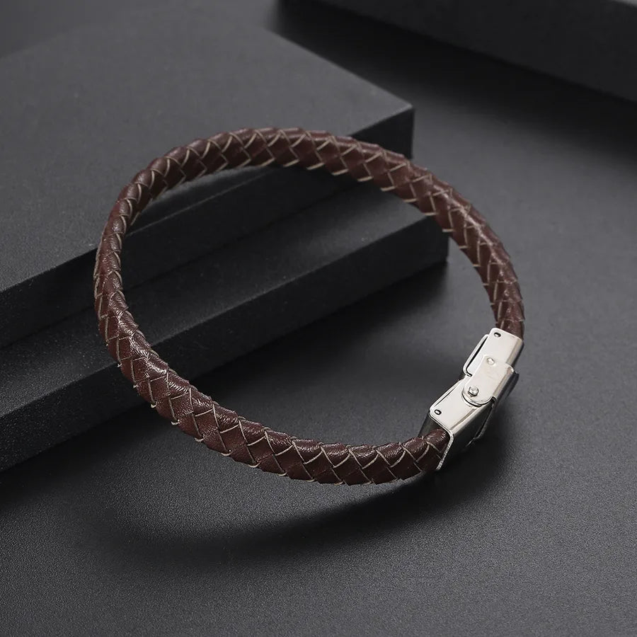 Classic Style Commute Color Block 304 Stainless Steel Pu Leather Polishing Men's Bangle