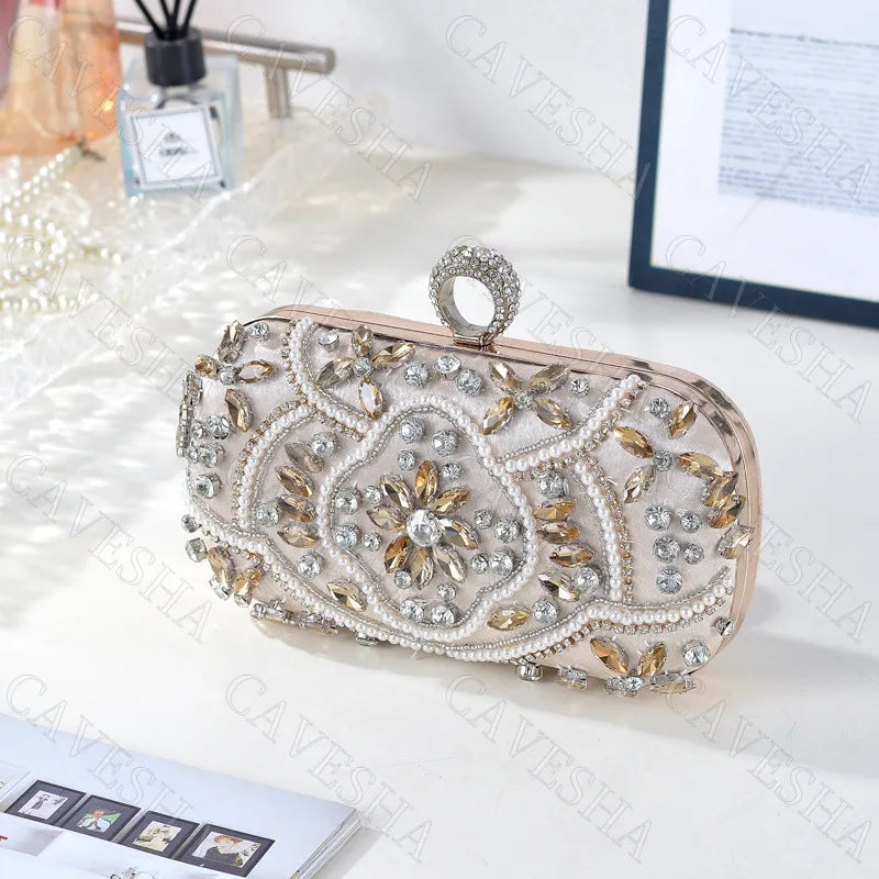 Handmade Beaded Diamond Evening Bag Clutch For Women Square Shape Lock Buckle Closure Polyester Material Embroidery Fashion Element