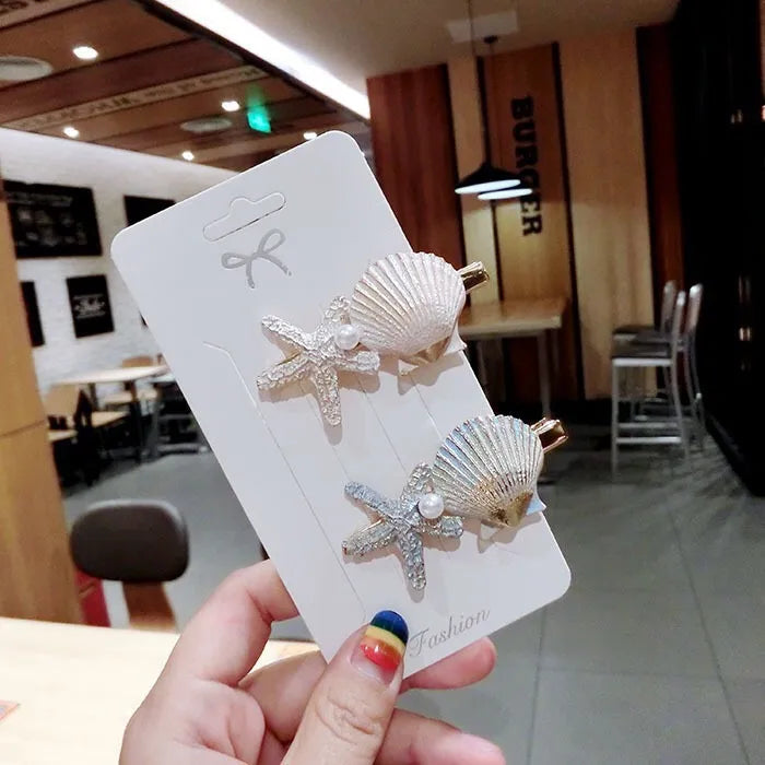 Women's Casual Marine Style Starfish Shell Metal Pearl Hair Clip