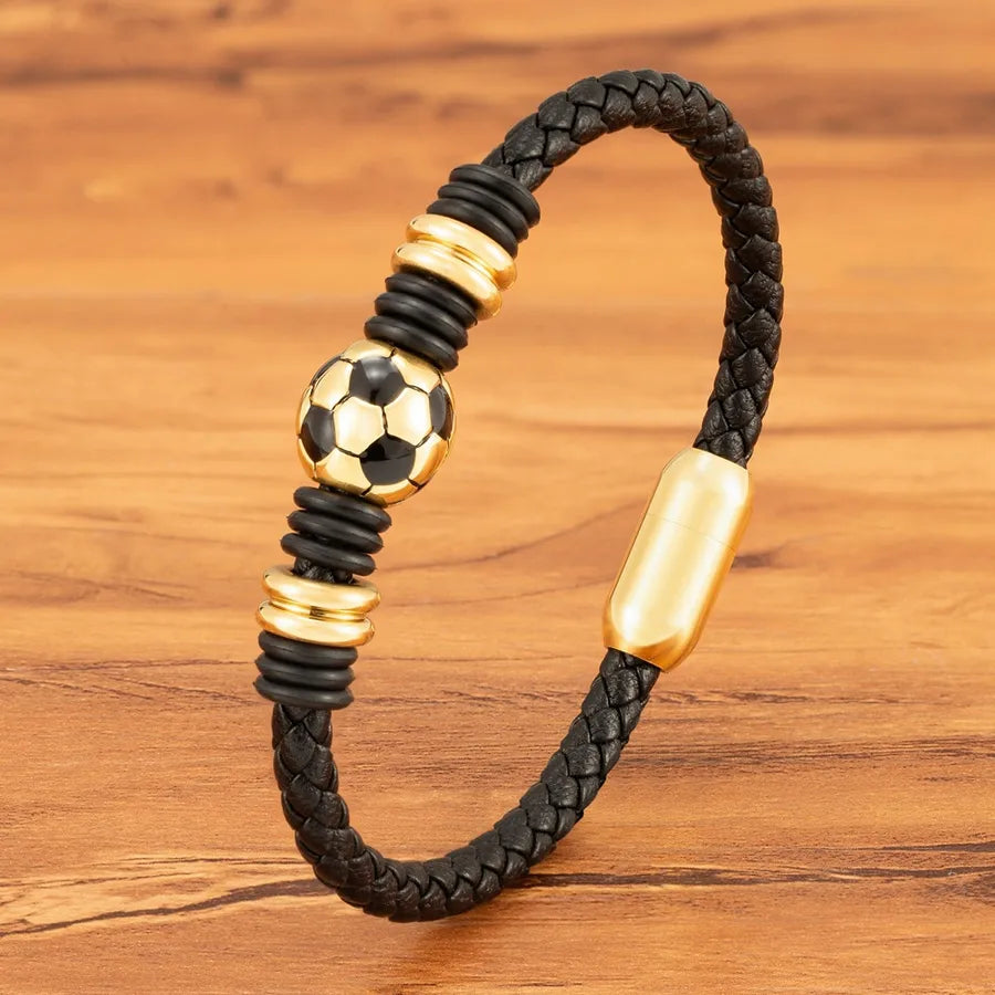 Vintage Style Football Pu Leather Titanium Steel Wrap Bracelets Wholesale