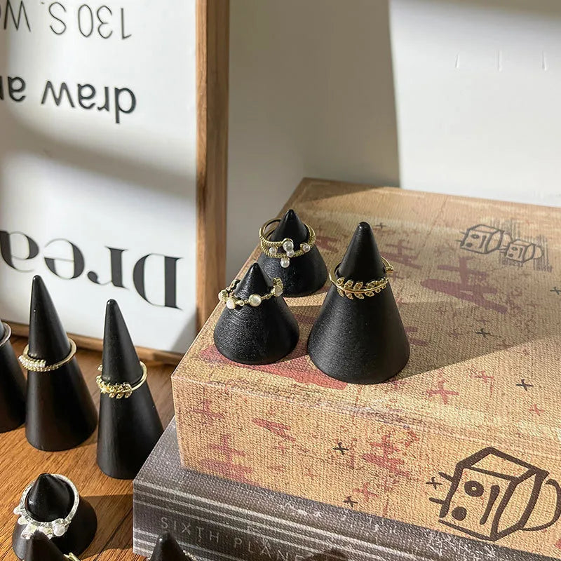 Black Solid Wood Ring Display Stand Cone Base Ring Holder Jewelry Storage Photography Props Geometric Pattern Premium Feeling Spray Paint