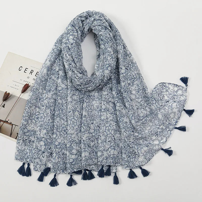 women's sweet flower cotton and linen tassel silk scarves
