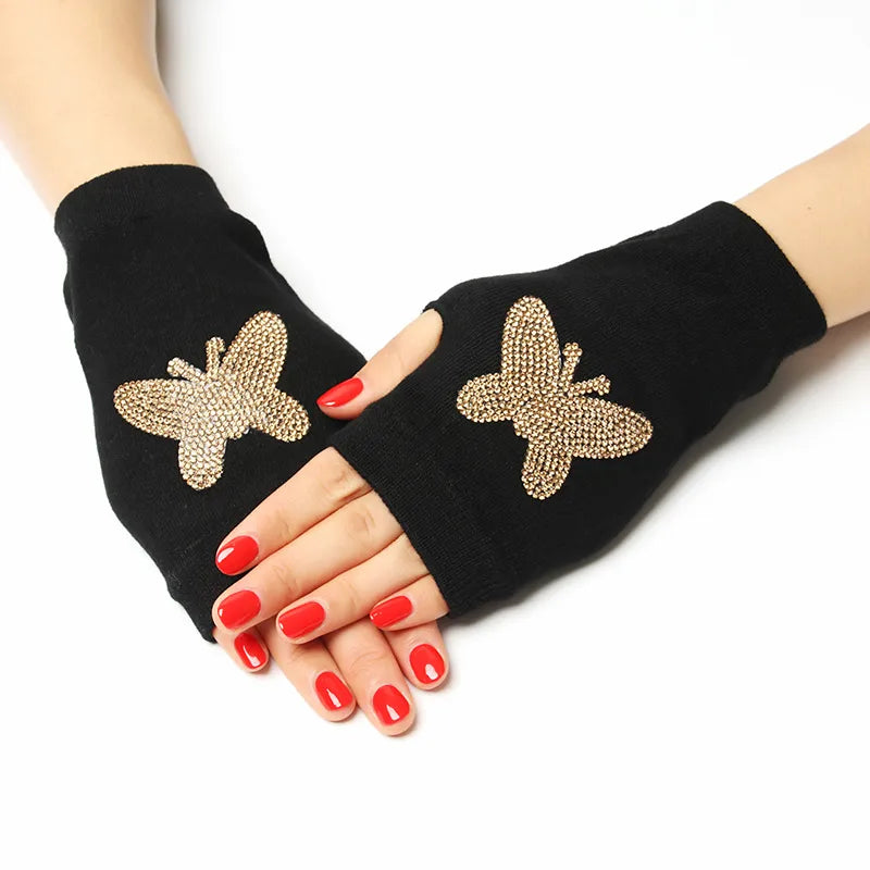unisex retro bear owl flower knitted fabric gloves 1 pair