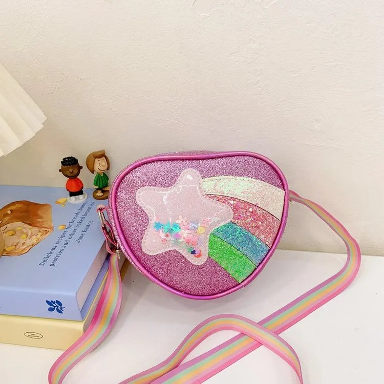 Girl'S Pu Leather Gretley Material Rainbow Star Cute Heart-shaped Zipper Shoulder Bag