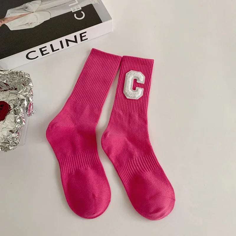 women's casual letter solid color cotton crew socks a pair