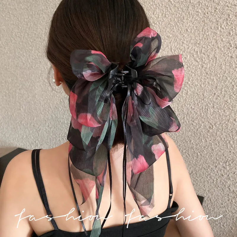 Princess Style Floral Butterfly Knot Hair Clip Women's High Sensation Tail Shark Clamp Half Up Half Down Hair Clip