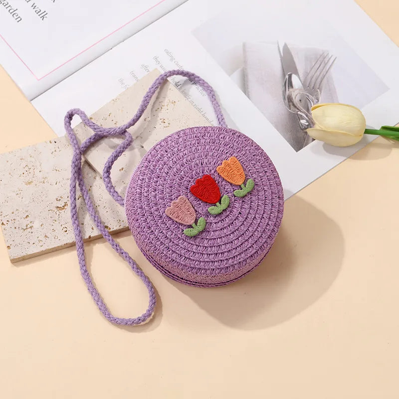 Summer Back Seaside Woven Children's Bag Female All-Match and Cute Little Girl Tulip Straw Bag Vacation Style