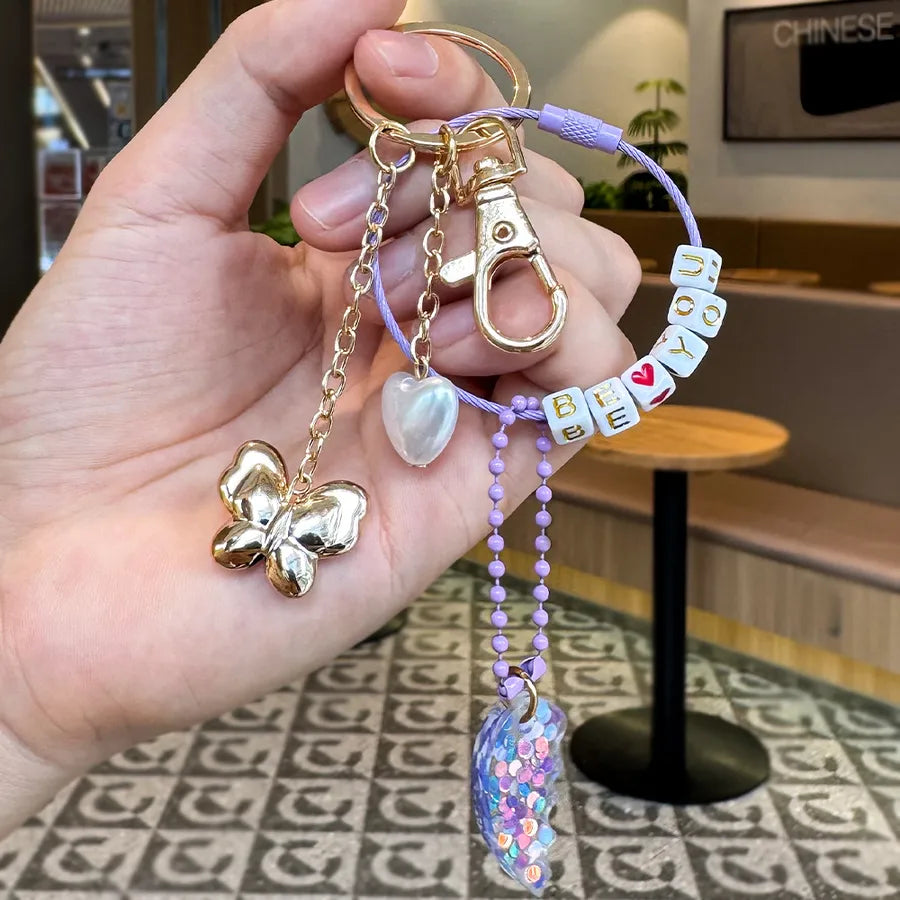 Cute Metal Keychain Pendant Beaded Bookbag Girl's Bag Charm  Style Cartoon Design Half Handmade Flower