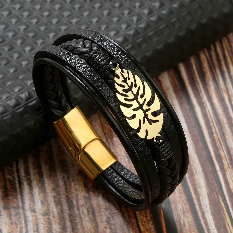 Simple Style Classic Style Leaves Stainless Steel Men's Bangle