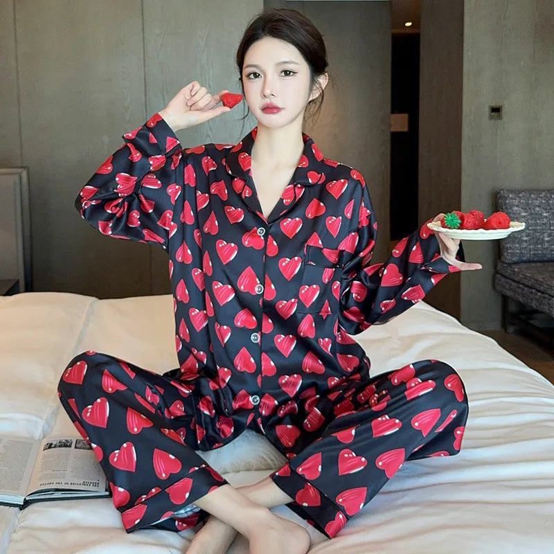 French Anti-Aging Sleepwear Women's Spring Autumn New Simple Polka Dot Long Sleeve Long Pants Ice Silk Home Clothes Fashion Set