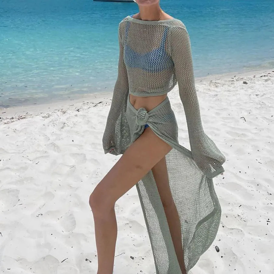 Outdoor Beach Women's Sexy Solid Color knit Skirt Sets Skirt Sets