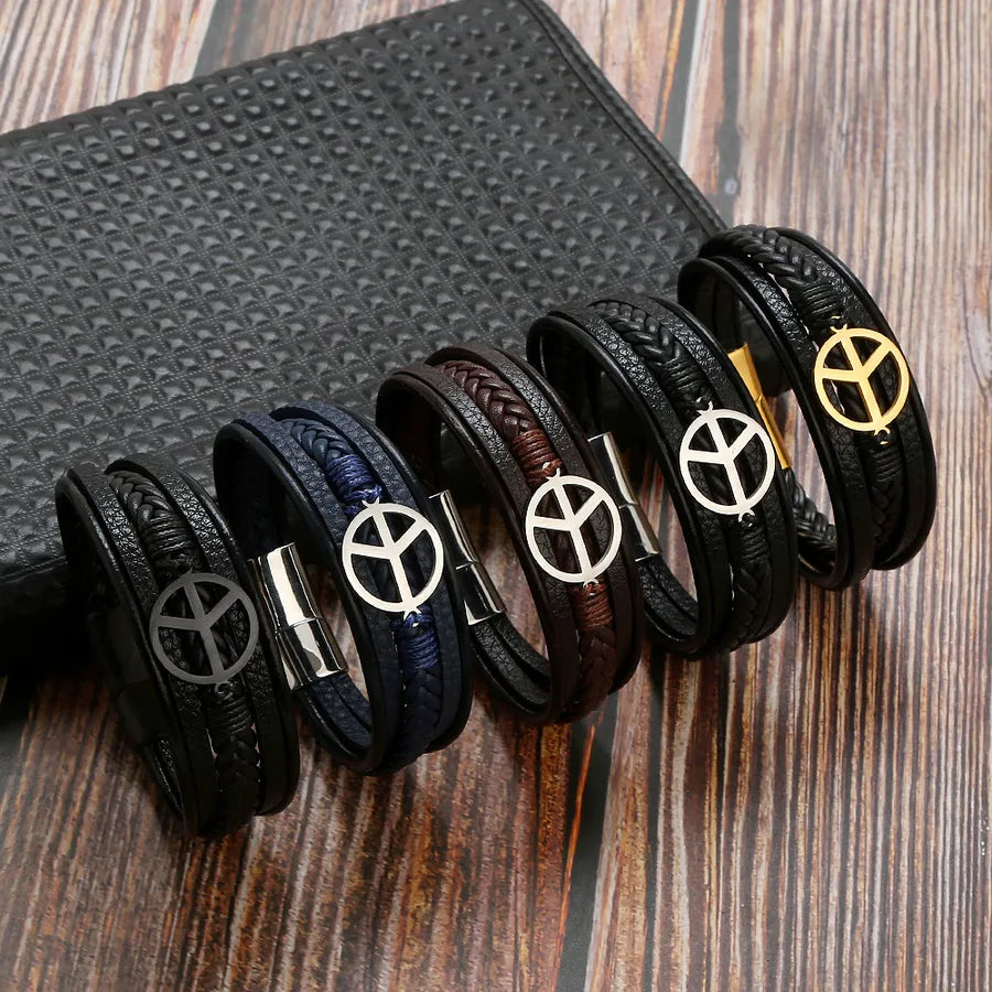 classical simple style roman style solid color stainless steel pu leather handmade men's bracelets