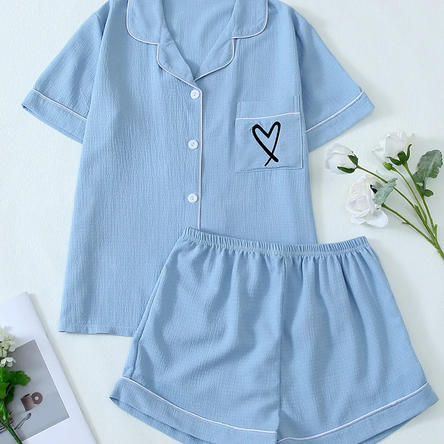 Home Women's Vacation Simple Style Heart Shape Polyester Shorts Sets Pajama Sets