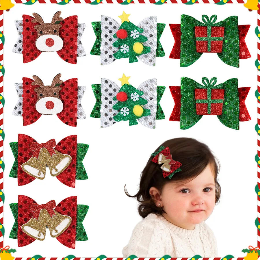 Christmas Tree Butterfly Knot Hair Clip Children's Party Girl Accessories Cute Cartoon Edge Hair Decorations Leather Material