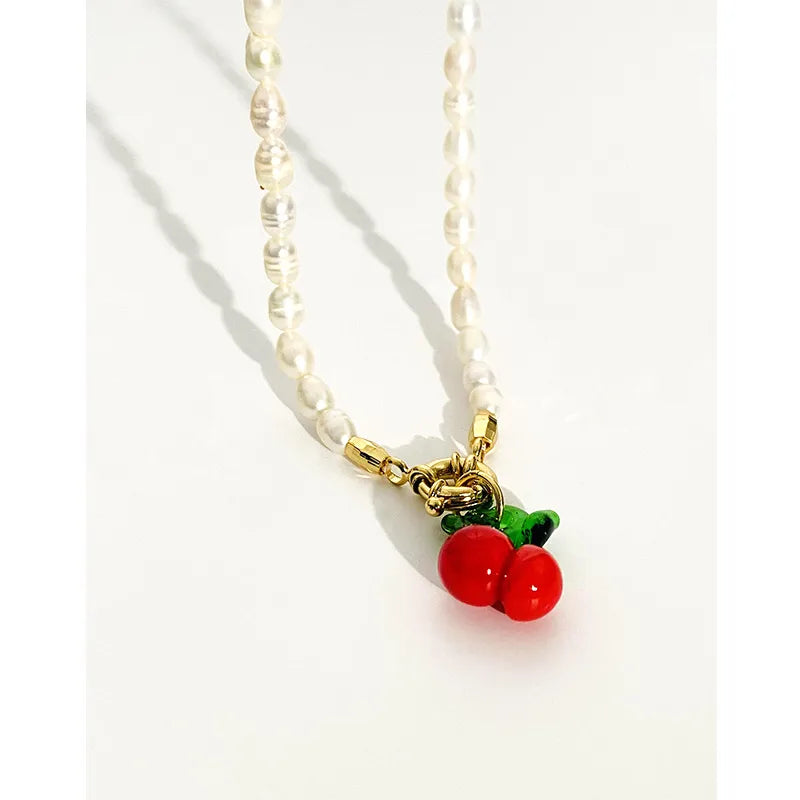 Freshwater Pearl Copper Beaded Chain Plating Cherry Pendant Necklace