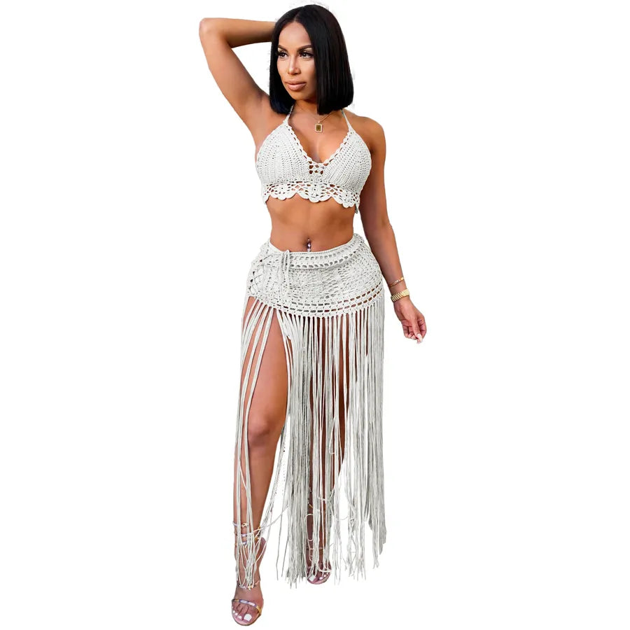 Daily Beach Women's Sexy Solid Color Polyacrylonitrile Fiber Hollow Out Skirt Sets Skirt Sets