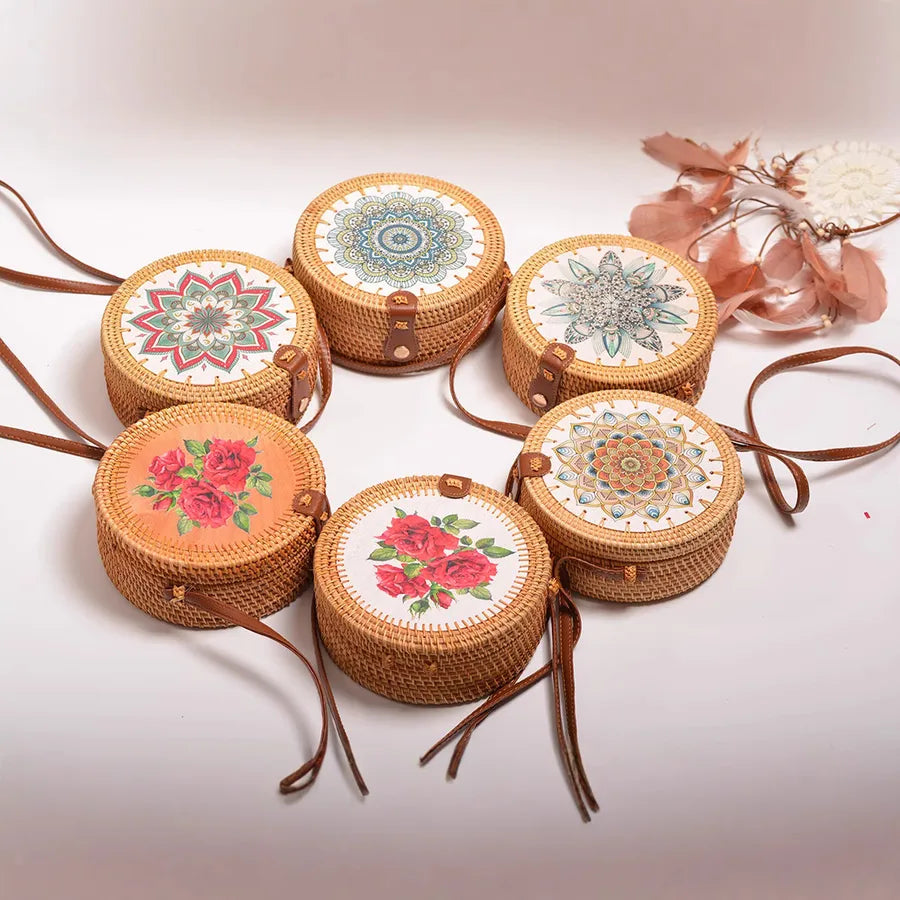 Special Sale Rattan Ins Butterfly Bag Mori Style Vintage Artistic Handmade Flower Petal Bag Woven Bag PU Belt