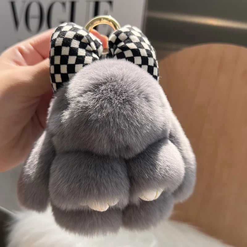 Cute real Rex rabbit fur bow rabbit car key chain pendant plush doll schoolbag bag hanging ornaments wholesale