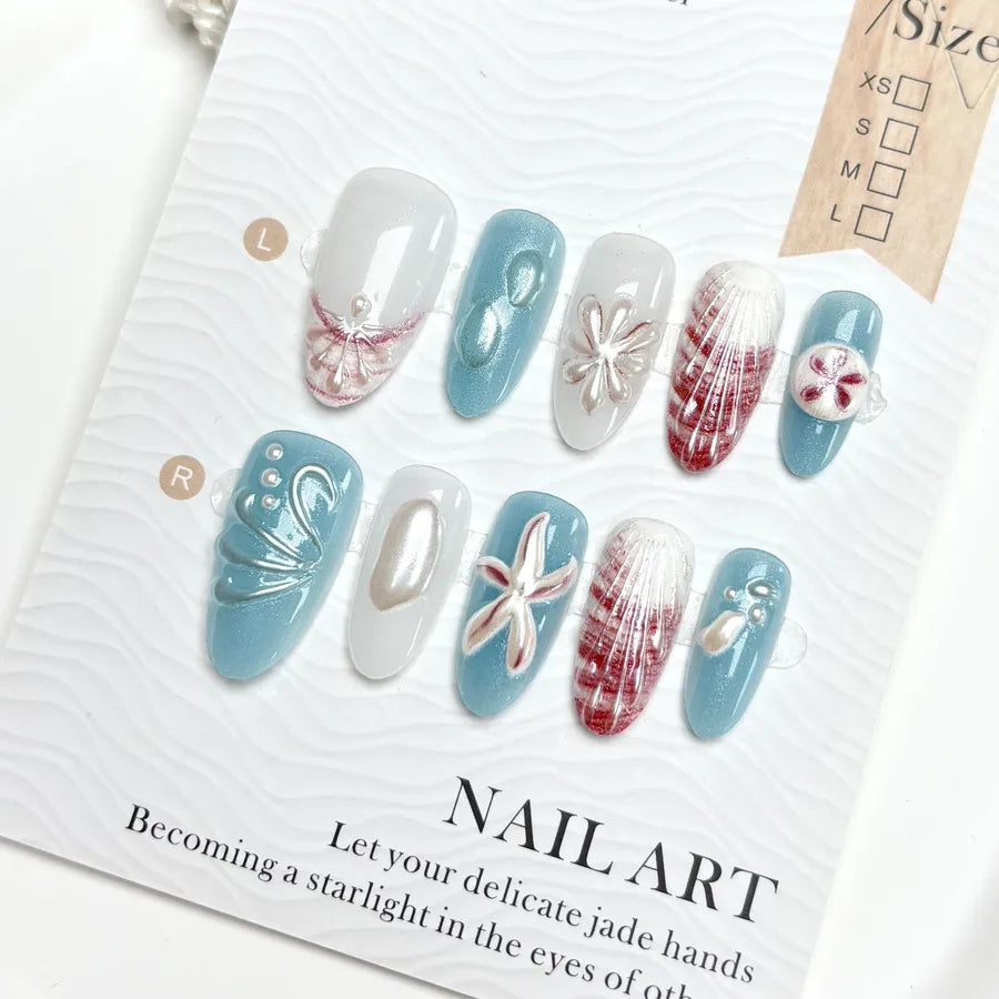 Handmade Almond Nail Press-Ons 3D Floral Shell Design Gradient White Effect European Style Nail Art False Nails Set