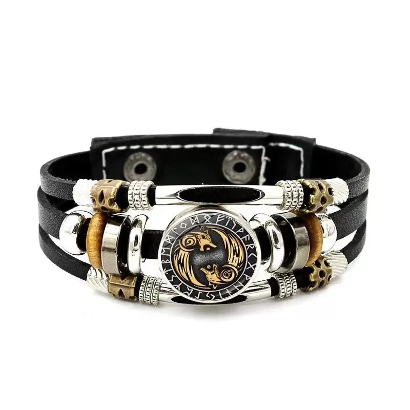 New Alloy Beads Woven Bracelet Nordic Viking Pirate Aoding Logo Compass Leather Bracelet for Men and Women