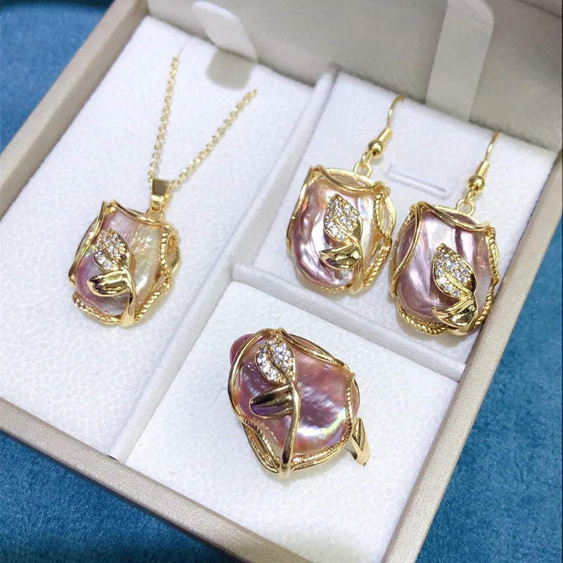 elegant irregular leaf freshwater pearl copper gold plated rings earrings necklace in bulk