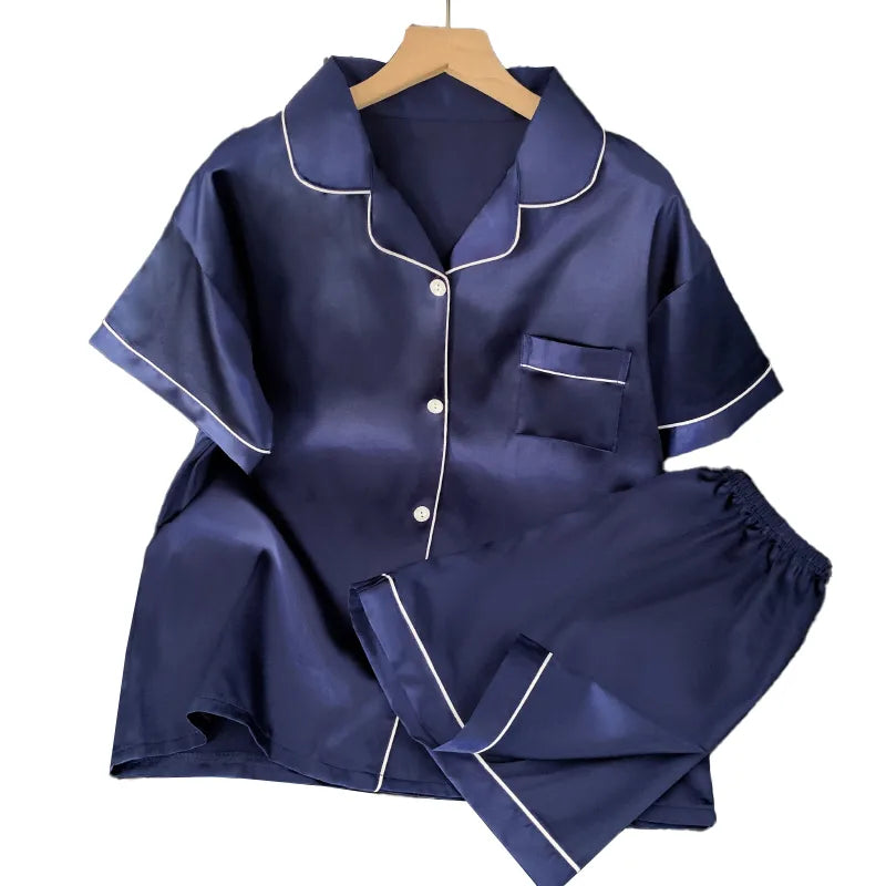Home Women's Casual Solid Color Satin Shorts Sets Pajama Sets