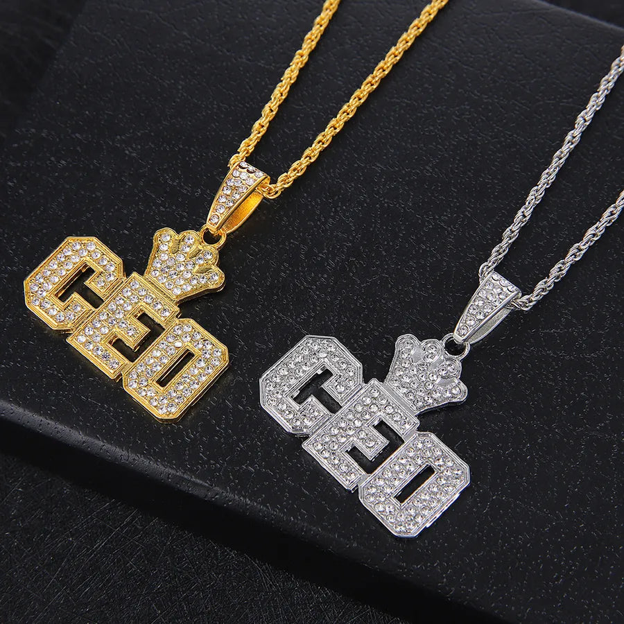Hip Hop Style  Diamond Crown Letters CEO Pendant Necklace for Men Cuban Link Chain Necklace Wholesale