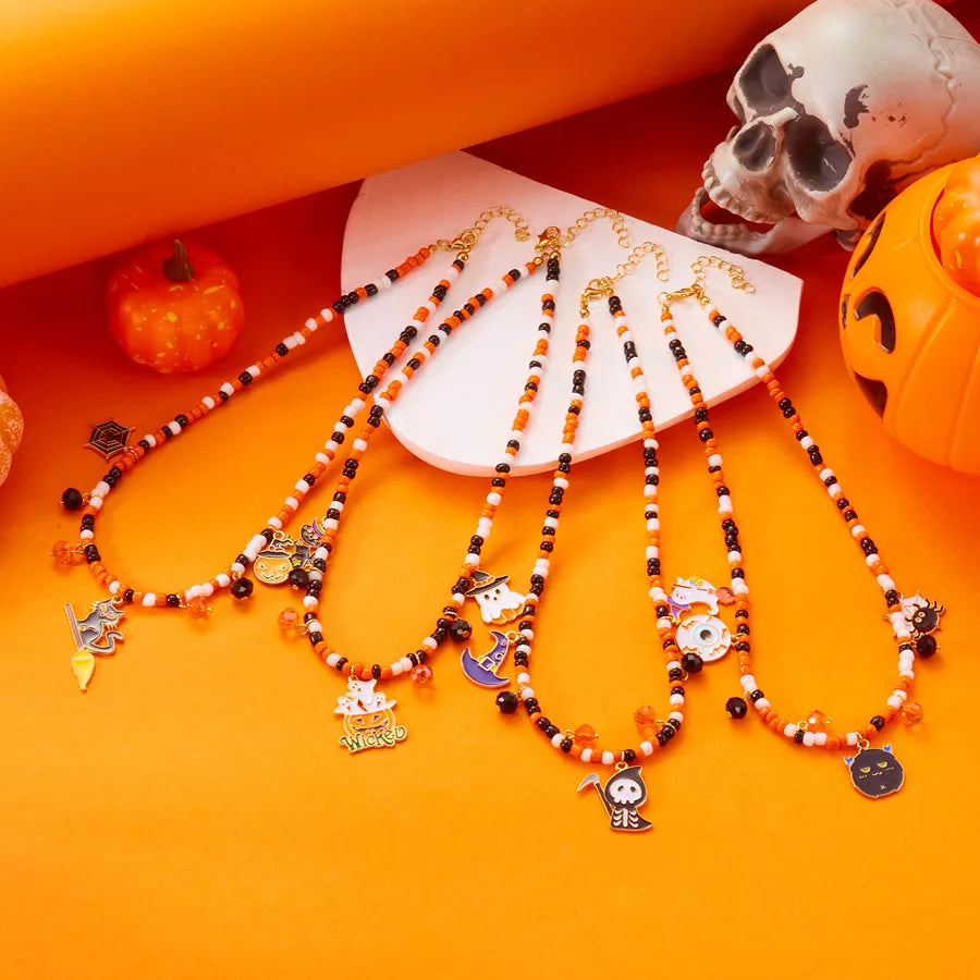 Handmade Halloween Necklace Ghost Spider Pendant Color Matched Pumpkin Design Luxury Style Women's Jewelry Accessory