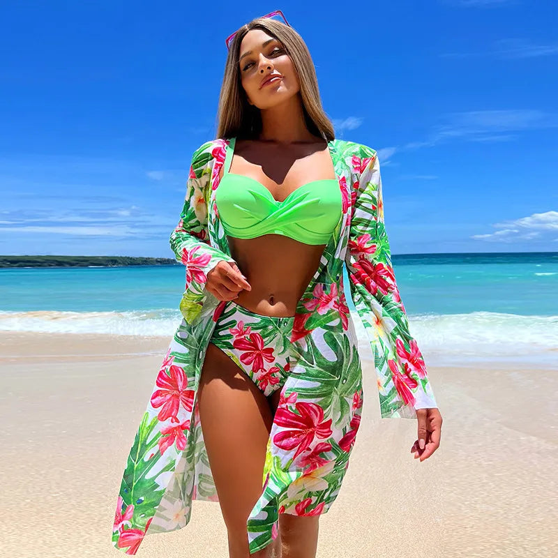 women's lady modern style printing 3 pieces set bikinis swimwear
