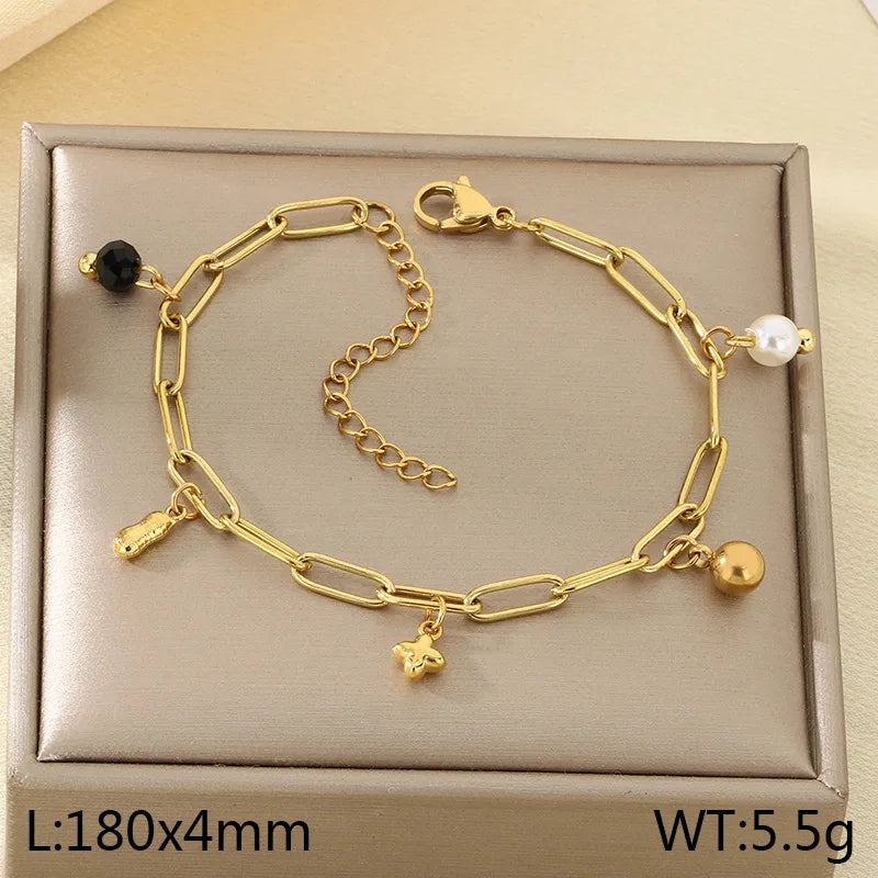 IG Style Vintage Style Cherry Ocean Butterfly 304 Stainless Steel 18K Gold Plated Paperclip Chain Bracelets In Bulk