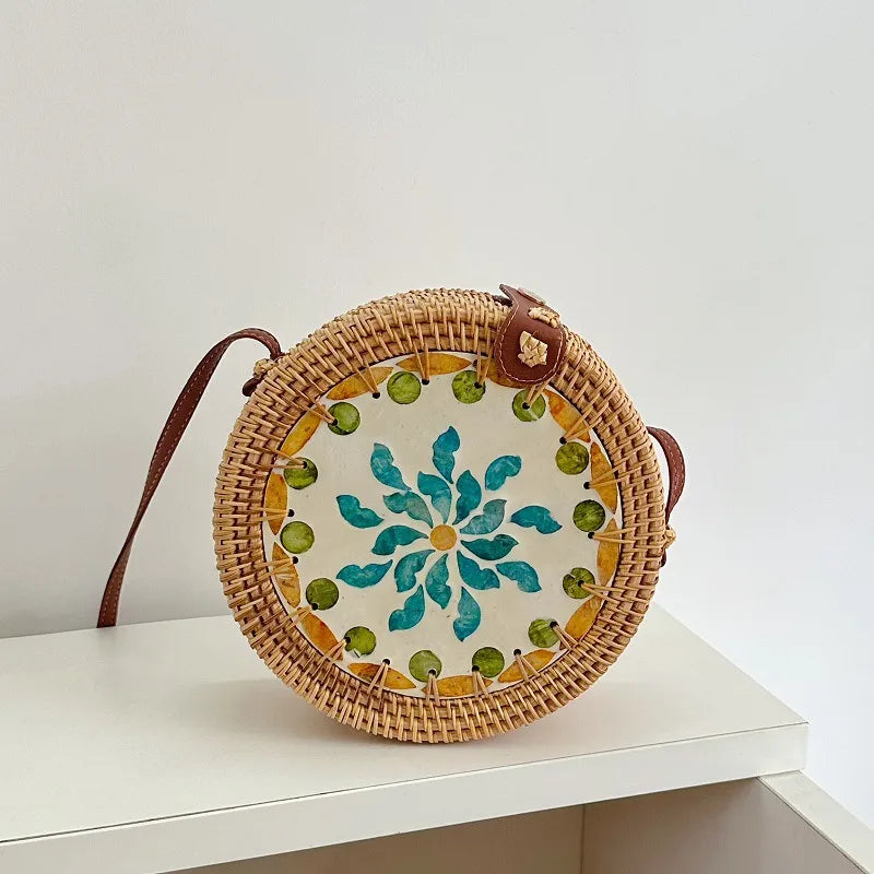 Women's Medium Rattan Floral Elegant Magnetic Buckle Dome Bag