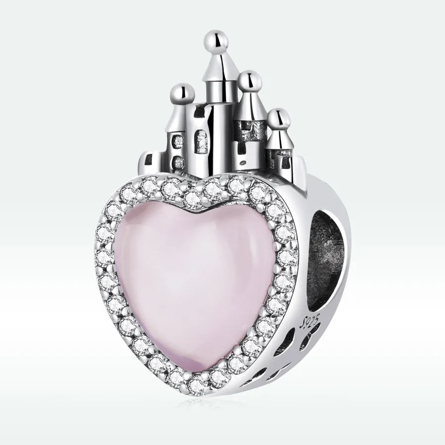 Aifule Sterling Silver S925 Love Castle Beaded Bracelet Pink Heart-Shaped Zircon Lettering Vintage Beads Accessories