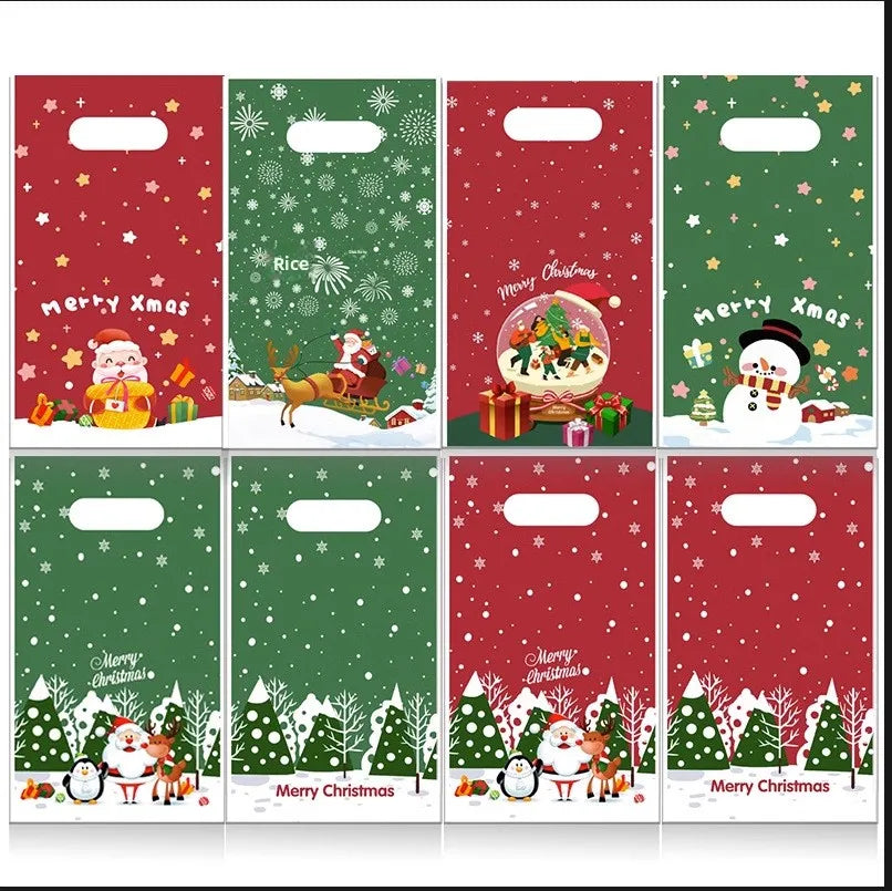 Christmas Cartoon Plastic Gift Bags Candy Packaging Handheld Storage Bags Flat Mouth Holiday Themed Printed Red Green
