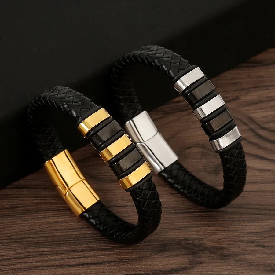 classical vintage style geometric stainless steel pu leather men's bangle