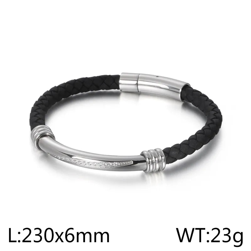 Retro Geometric Pu Leather Titanium Steel Plating 18K Gold Plated Men's Bangle