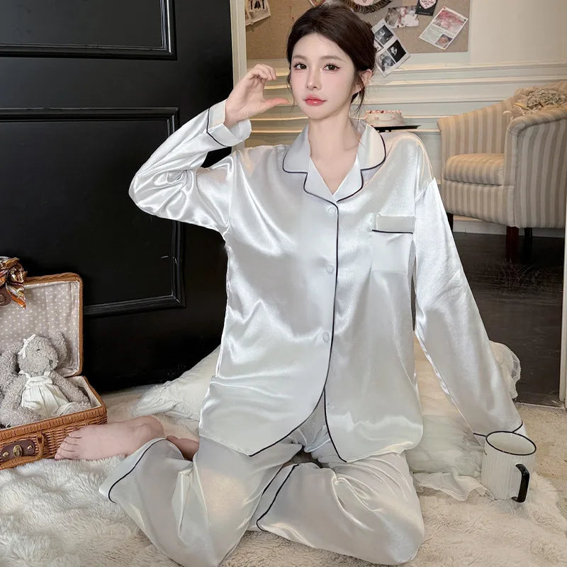 French Anti-Aging Sleepwear Women's Spring Autumn New Simple Polka Dot Long Sleeve Long Pants Ice Silk Home Clothes Fashion Set