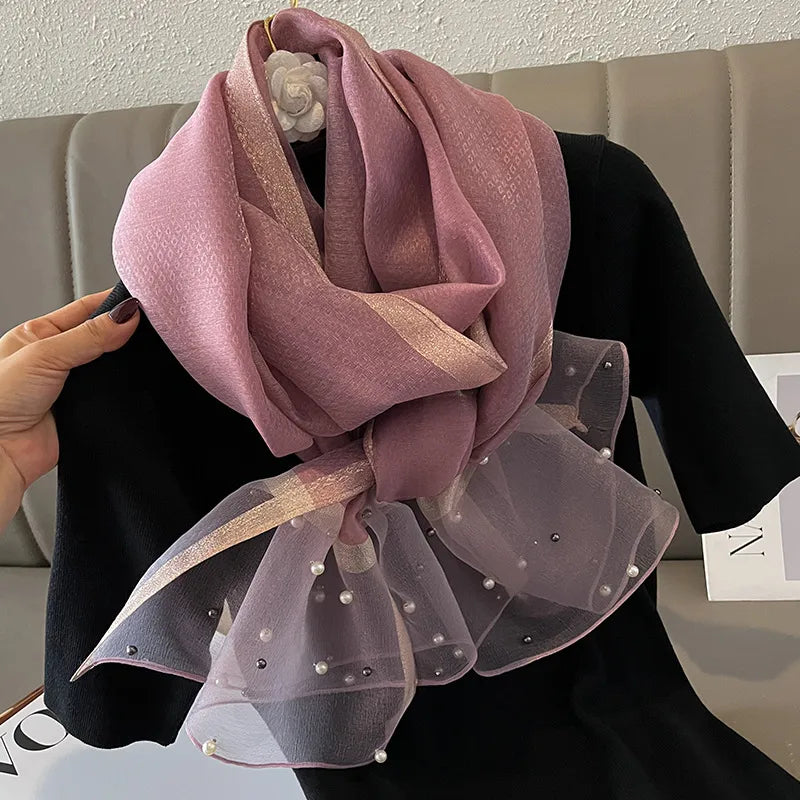 women's simple style color block satin pearl silk scarf