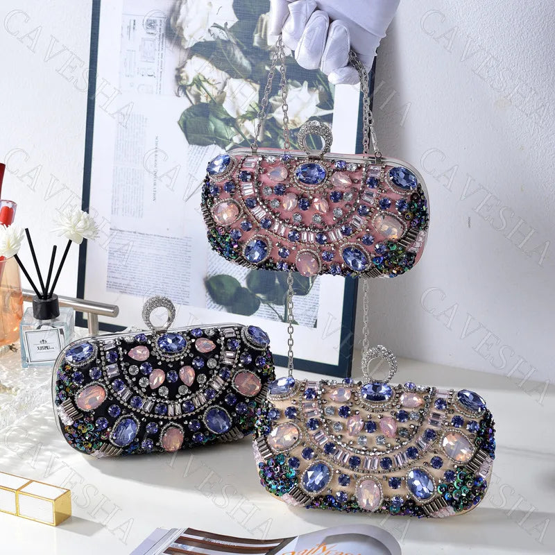 Handmade Beaded Diamond Shiny Handbag Single Shoulder Crossbody Qipao Ladies Bag Party Event Purse Fashionable Lock Buckle Closure