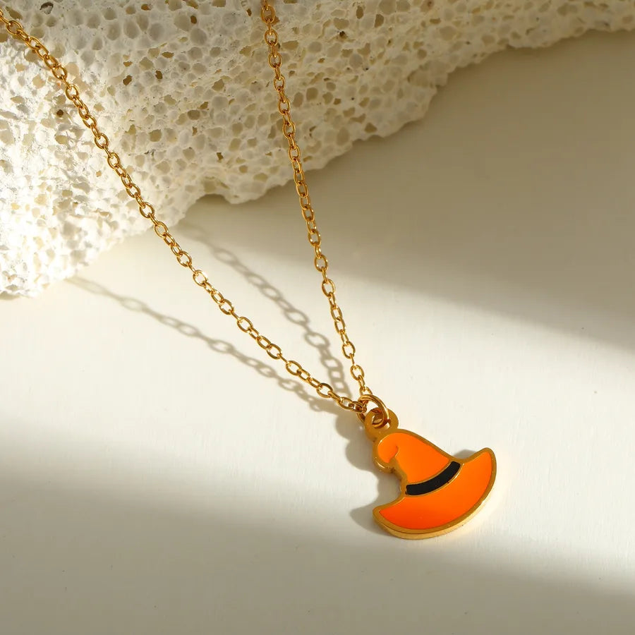 Halloween Series Stainless Steel 18K Gold Plated Drip Oil Hat Bat Pendant Necklace Funny Design Festival Jewelry Accessory