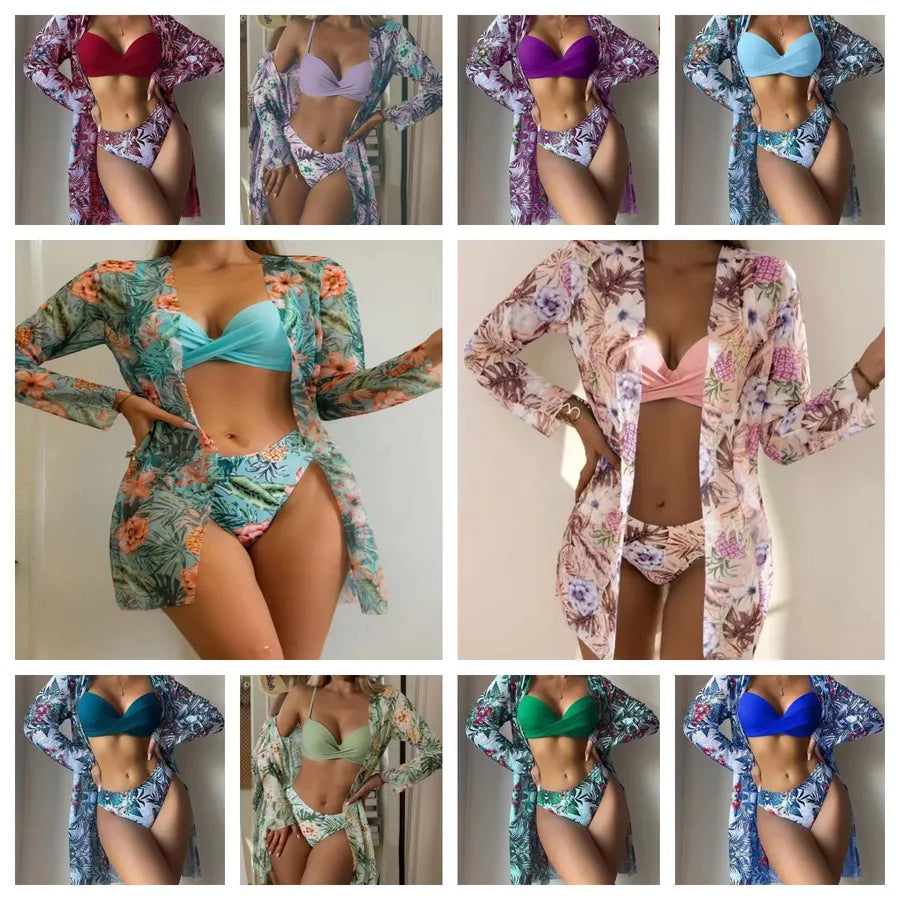 Women's Vacation Printing Solid Color 3 Pieces Set Bikinis Swimwear