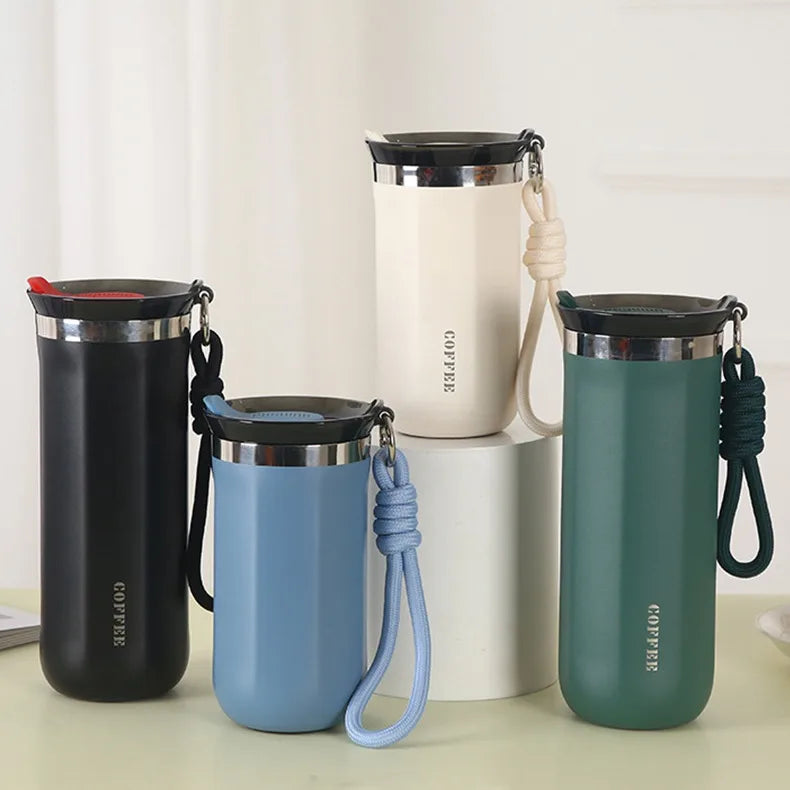 Portable Stainless Steel 304 Vacuum Insulated Coffee Mug With Carrying Rope Simple Modern Aesthetic Value Heat Retention Water Bottle