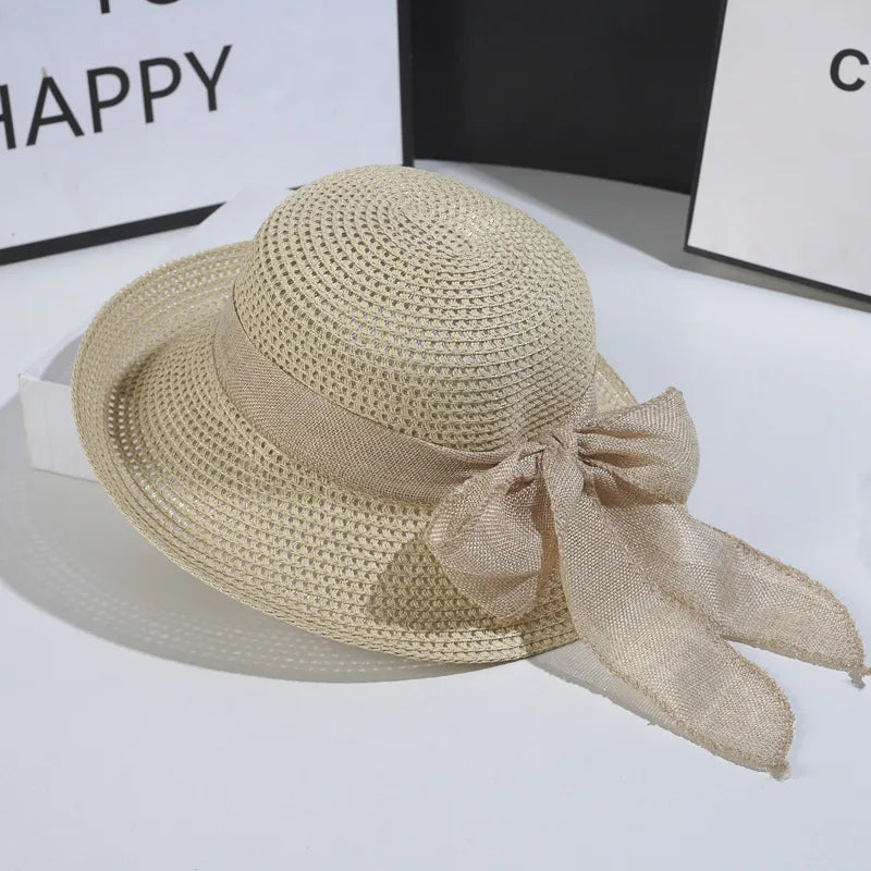 women's vintage style bow knot hollow out crimping straw hat
