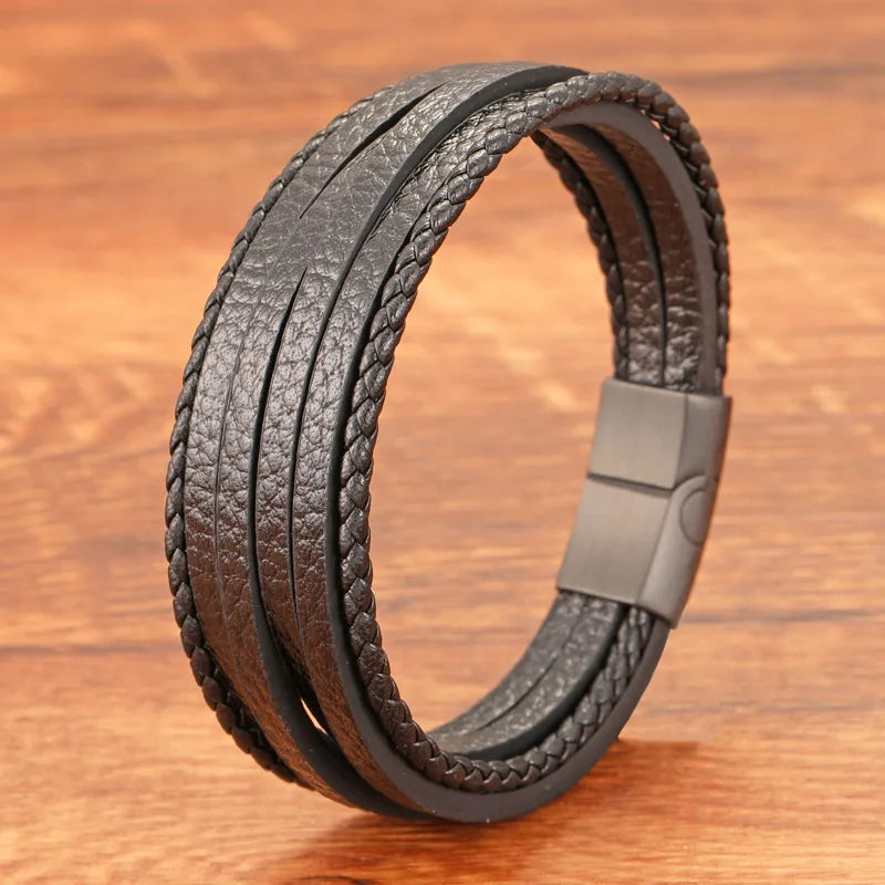 New Arrival  Pu Men's Leather Bracelet Titanium Steel Braided Bracelets in Stock Wholesale Bracelet