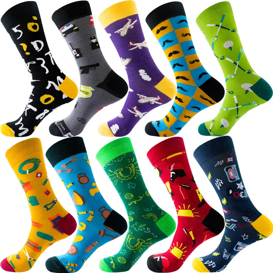 Men's Modern Style Classic Style Color Block Stripe Fruit Cotton Crew Socks A Set of 10 Pairs